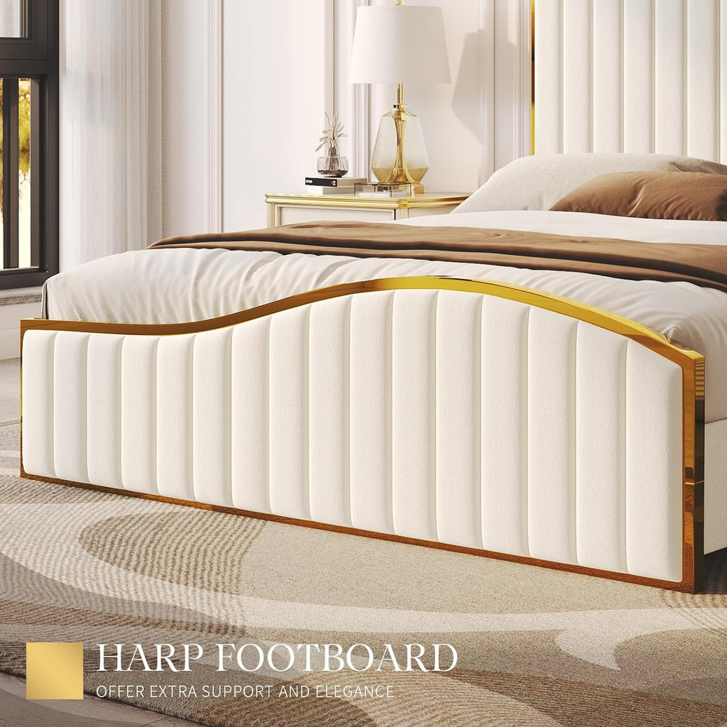 AMERLIFE Queen Size Bed Frame with 61.4' Tall Headboard, Velvet Upholstered Platform Bed with Gold Trim & Footboard, Wooden Slat Support, No Box Spring Needed, Cream