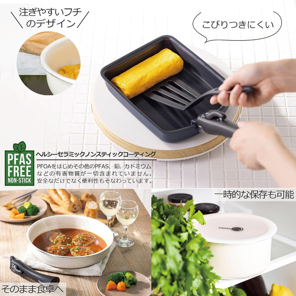GREENPAN CC007538-004 Green Pan, Set of 4, Removable Handle, IH Gas, Dishwasher Safe, Non-Toxic Substances, PFAS Free, Ceramic Coating, Click Chef, Stick-Resistant, Easy to Remove Stains, Cream, White