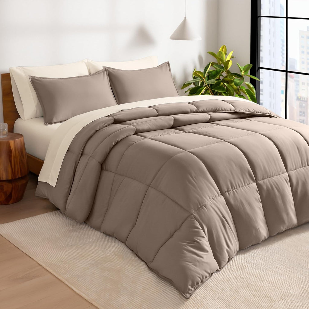 Bare Home Bed-in-A-Bag 8 Piece Comforter & Sheet Set - Split King - Goose Down Alternative - Ultra-Soft 1800 Premium Bed Set (Split King, Taupe/Sand)