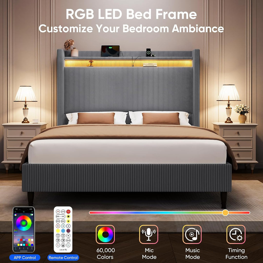 Queen Bed Frame with Tall Headboard, 55.3' Upholstered Platform Bed with LED Lights & Charging Station, Elegant Corduroy Bedframe, 2-tier Storage Wingback Headboard, No Box Spring Needed, Dark Grey