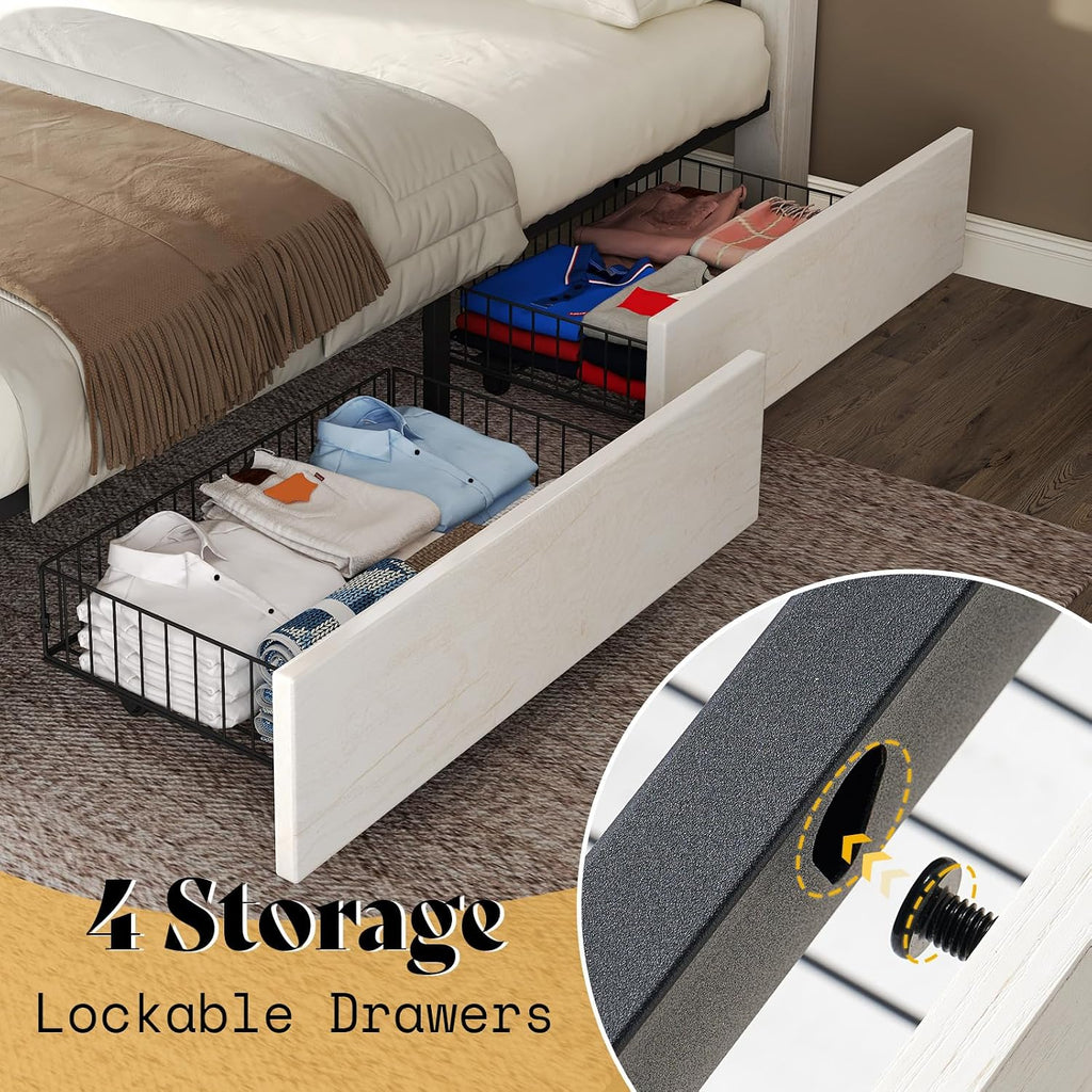 AMERLIFE 3 Piece Bedroom Set Including Farmhouse Full Size Bed Frame with 4 Drawers, Nightstands Set of 2 with Charging Station for Bedroom, White