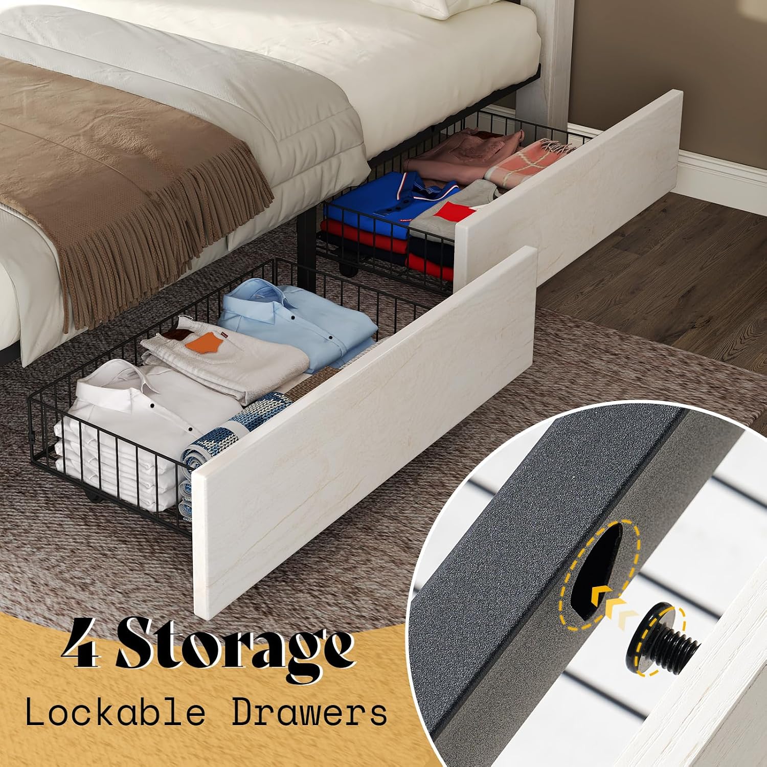 AMERLIFE 3 Piece Bedroom Set Including Farmhouse Full Size Bed Frame with 4 Drawers, Nightstands Set of 2 with Charging Station for Bedroom, White
