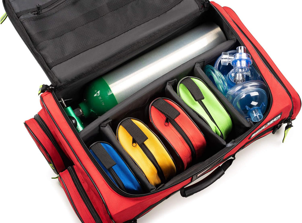 Scherber Fully Stocked First Responder Ultimate Professional EMT/EMS Trauma Kit | HSA/FSA Approved | w/10+ Compartments, Zippered Pockets, Dividers, Oxygen Access & 260+ First Aid Supplies (Red)