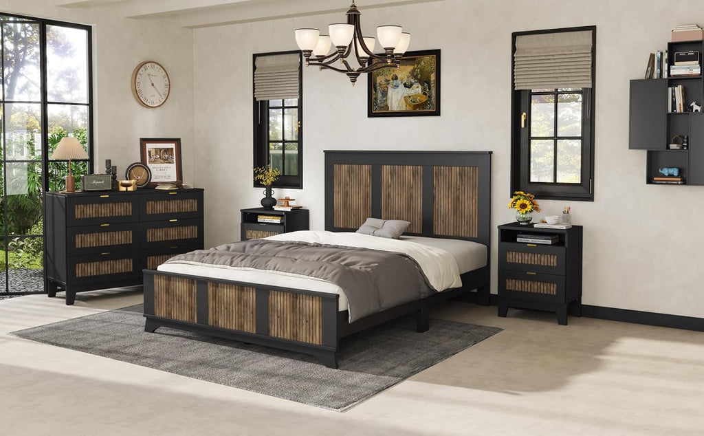 Harper & Bright Designs 4-Pieces Bedroom Sets, Queen Size Platform Bed with 2 Nightstands and A 6-Drawer Dresser, Queen Size Bedroom Set with Wooden Strip Decoration, Black