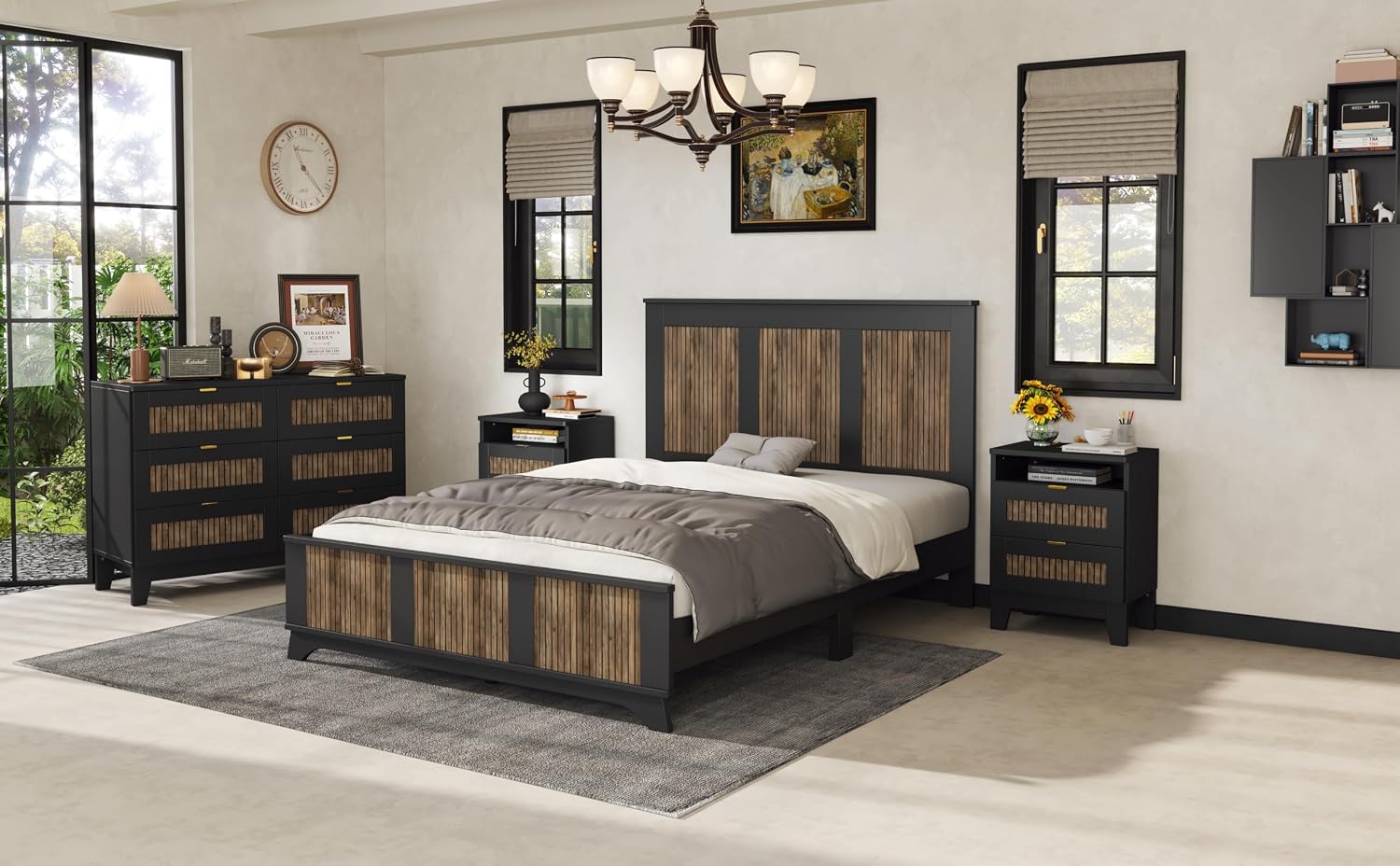 Harper & Bright Designs 4-Pieces Bedroom Sets, Queen Size Platform Bed with 2 Nightstands and A 6-Drawer Dresser, Queen Size Bedroom Set with Wooden Strip Decoration, Black