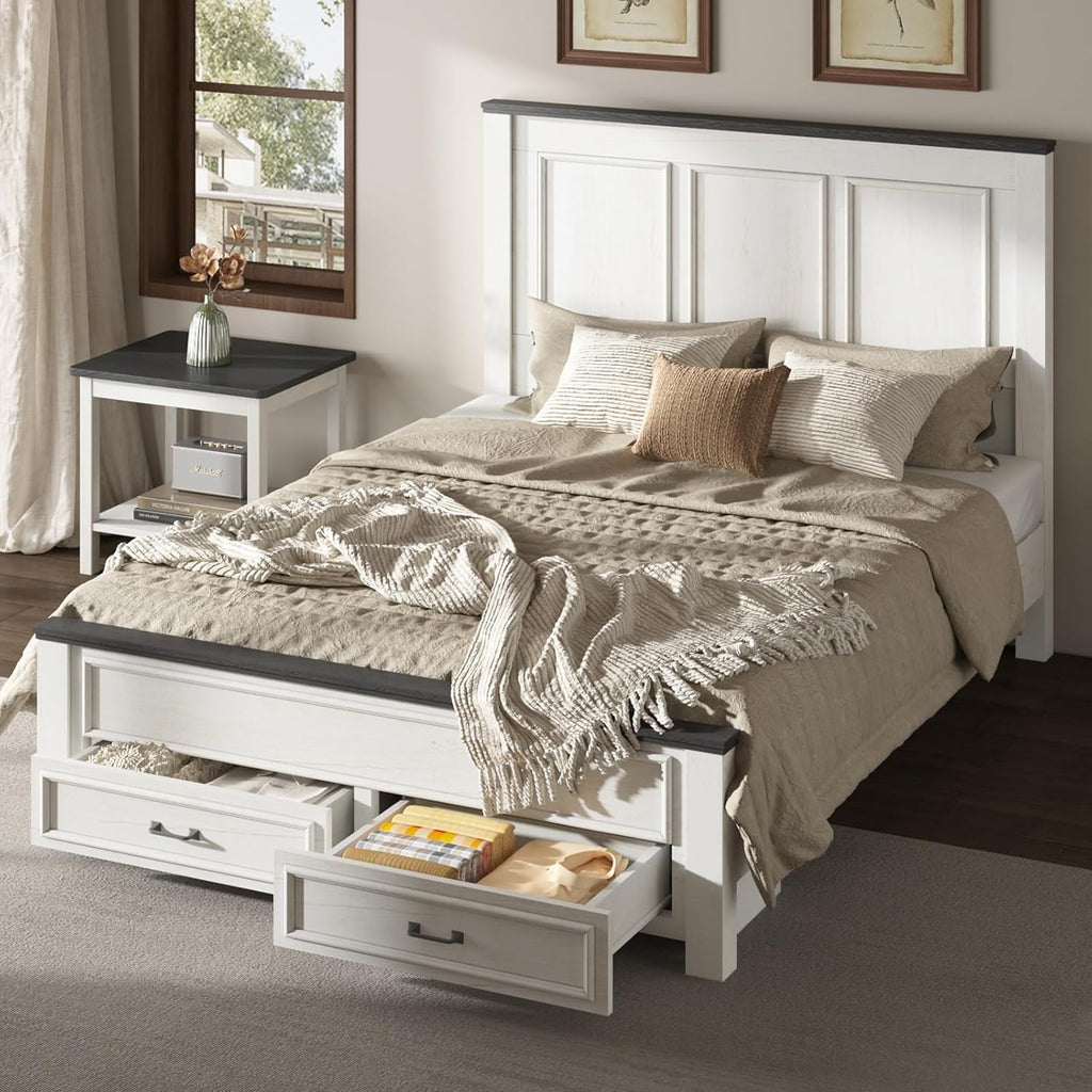 AMERLIFE 52.2' Queen Size Farmhouse Bed Frame with Tall Panel Headboard, Storage Bed Frame with Spacious Drawers, No Box Spring Needed, Platform Bed Frame for Bedroom, Rustic White