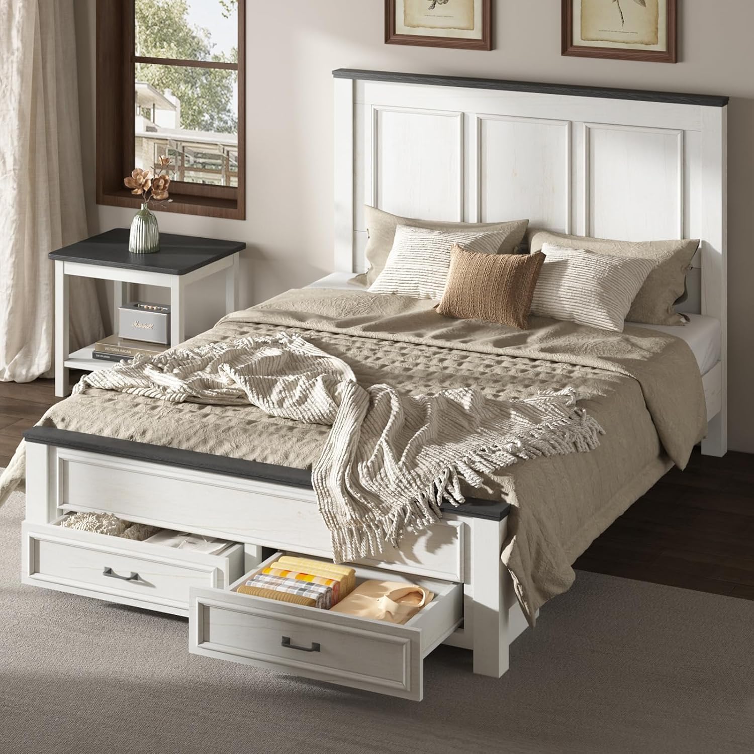 AMERLIFE 52.2' Queen Size Farmhouse Bed Frame with Tall Panel Headboard, Storage Bed Frame with Spacious Drawers, No Box Spring Needed, Platform Bed Frame for Bedroom, Rustic White