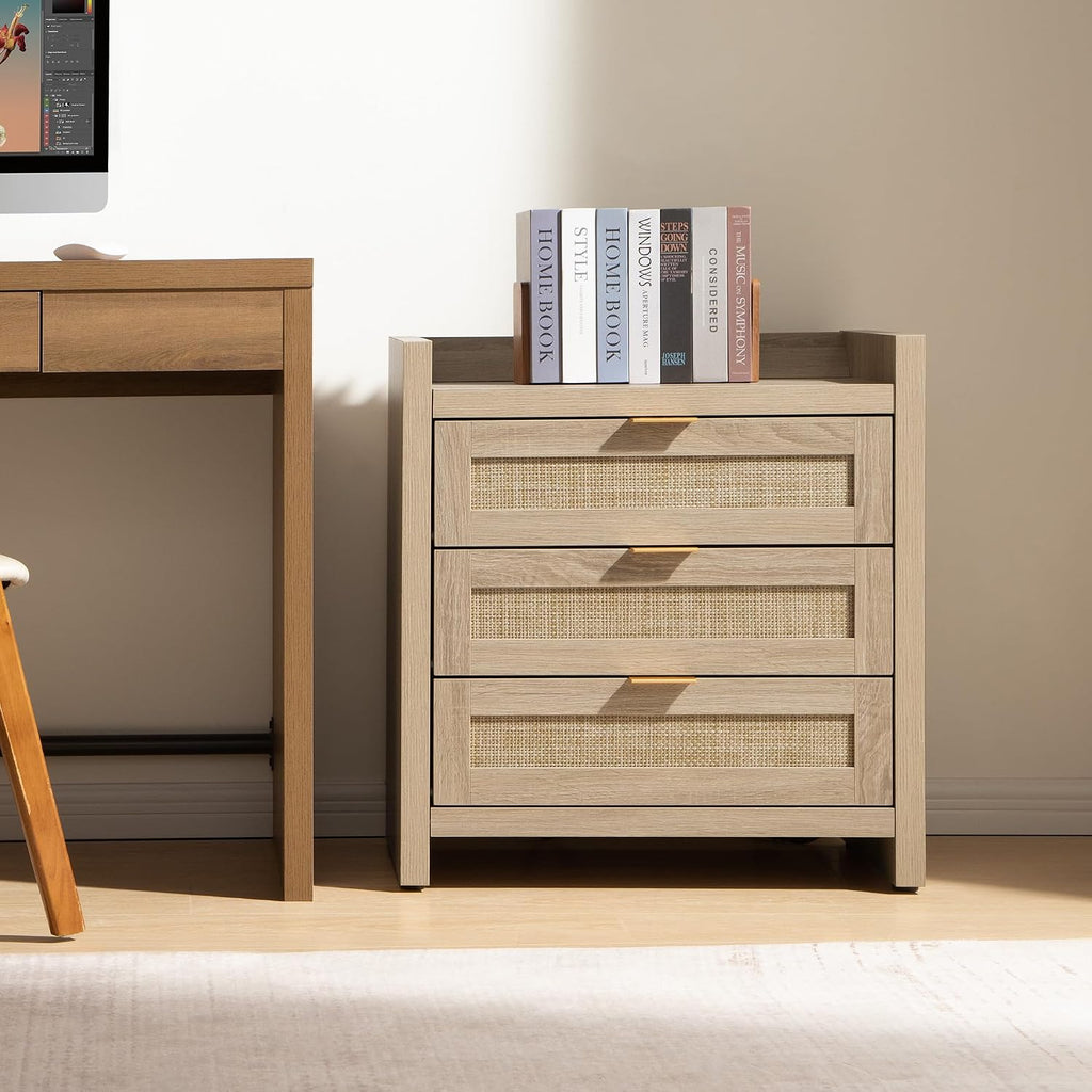SICOTAS Rattan Nightstand Bedside Table - Larger Night Stand with Type-C Charging Station, 3 Drawers Storage - Boho Night Stands End Table for Bedroom - Light Oak