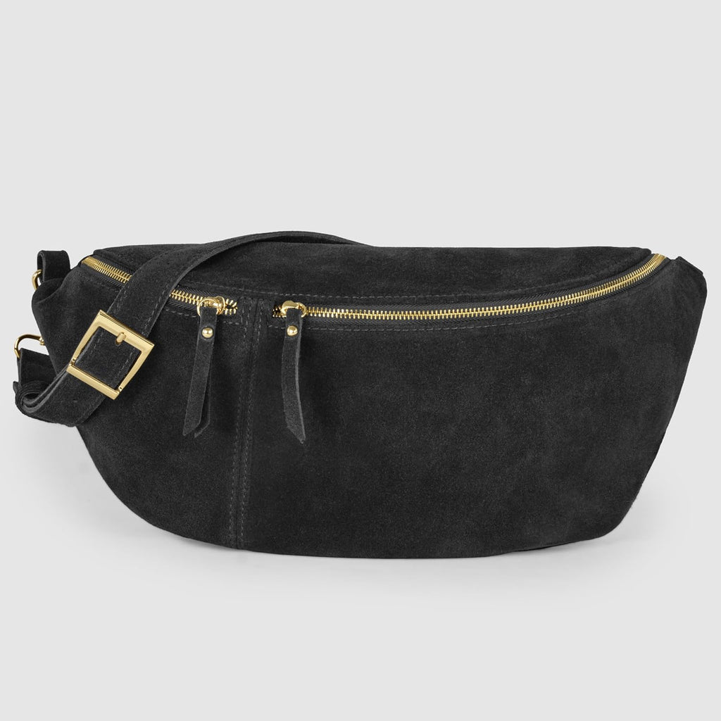 Italian Genuine Suede Crossbody Bag for Women with Zipper & Detachable Strap | Large Travel Chest Sling Fanny Pack (Black)