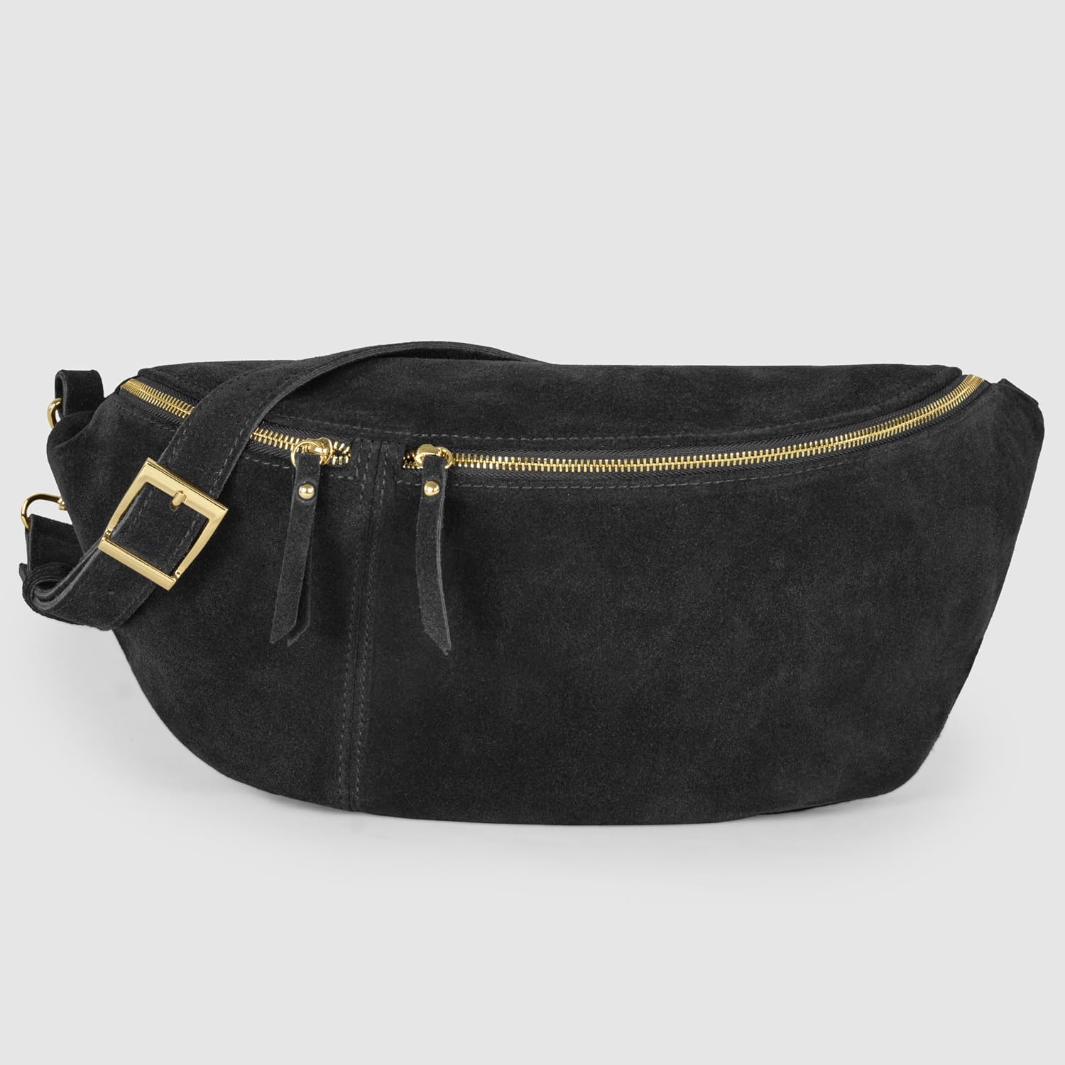 Italian Genuine Suede Crossbody Bag for Women with Zipper & Detachable Strap | Large Travel Chest Sling Fanny Pack (Black)