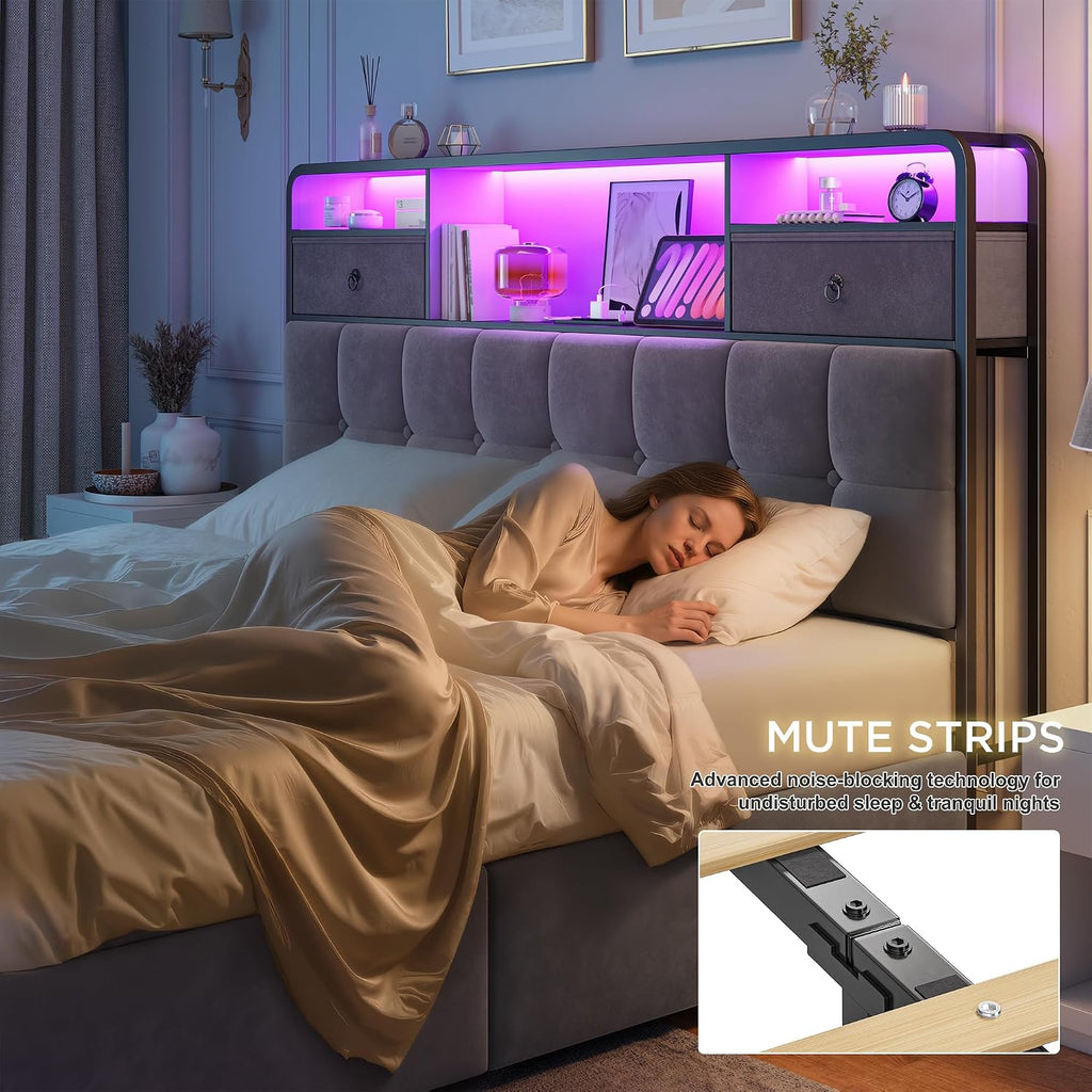 EnHomee Full Size Bed Frame with Upholstered Headboard and 6 Storage Drawers,Bed Frame Full with LED Lights and Charging Station,no Box Spring Needed,No Noise, Easy Assembly,Velvet,Sturdy,Soft,Grey