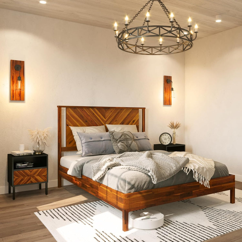 Bme Vivian 14 Inch Deluxe Bed Frame with Headboard, Rustic & Scandinavian Style with Solid Acacia Wood, No Box Spring Needed, 12 Strong Wood Slat Support, Easy Assembly, Queen, Rustic Golden Brown