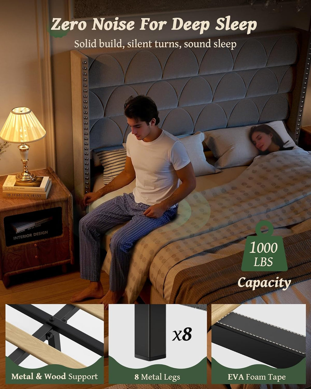 OHOHOLIVE King Size Bed Frame with 56' Headboard - Velvet Upholstered Wingback Platform Bed Frame, Noise Free, Sturdy Wooden Slat Support (Deep Gray, King)