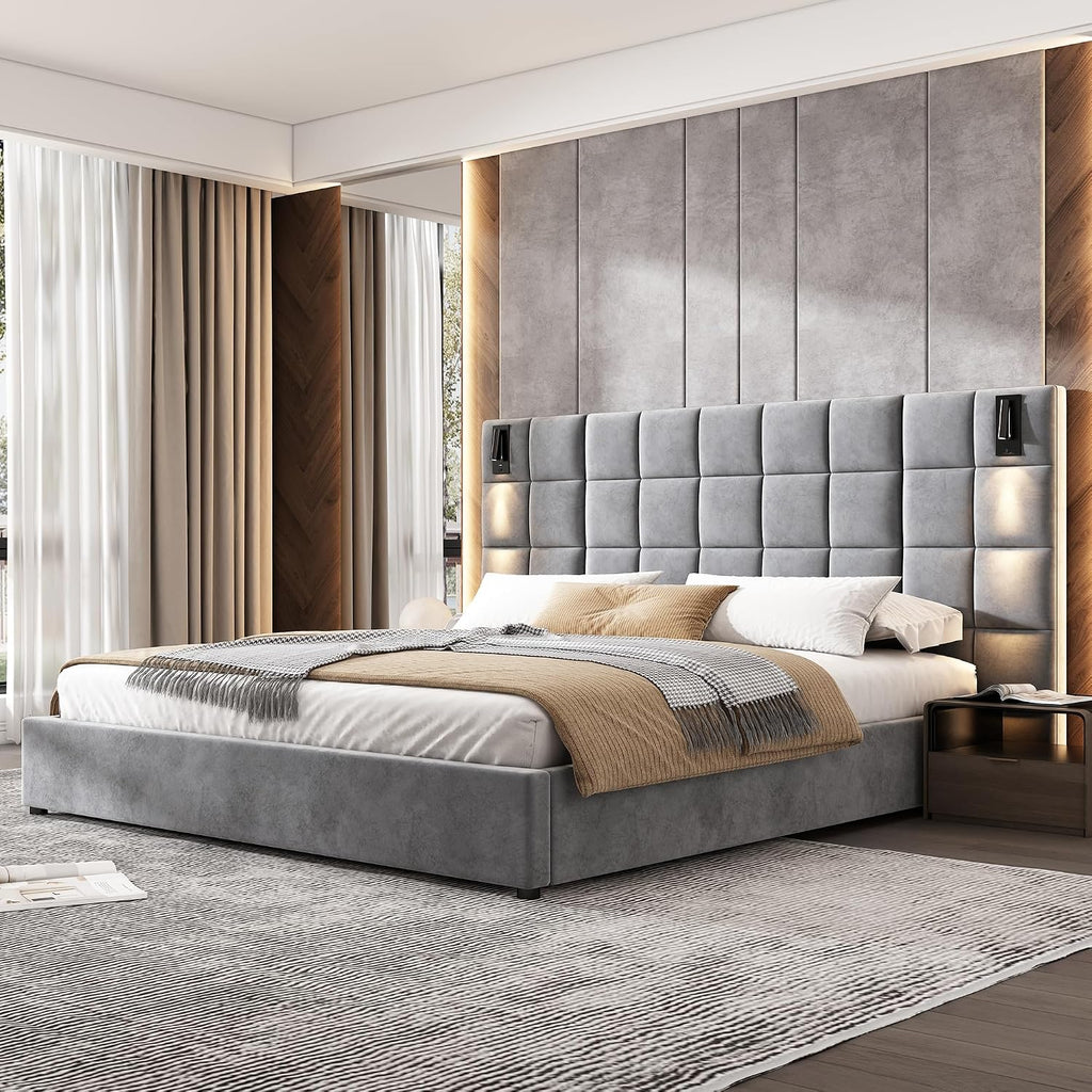 Christopher Knight Home Svens 46' High Headboard Bed, King Size Platform Bed Frame, Soft Velvet Bed Frame, King Size Headboard, Square Pattern Design with Reading Lamps and USB Ports, Grey