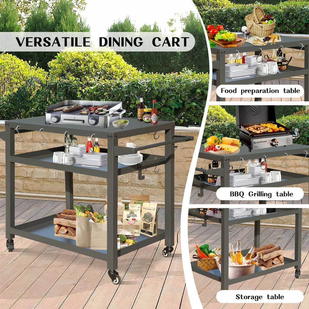 Domi 3-Tier Outdoor BBQ Grill Cart with Lockable Wheels | Portable Pizza Oven Stand & Food Prep Station | Blackstone Griddle with Stainless Steel Tabletop All-Weather Patio Cooking Center
