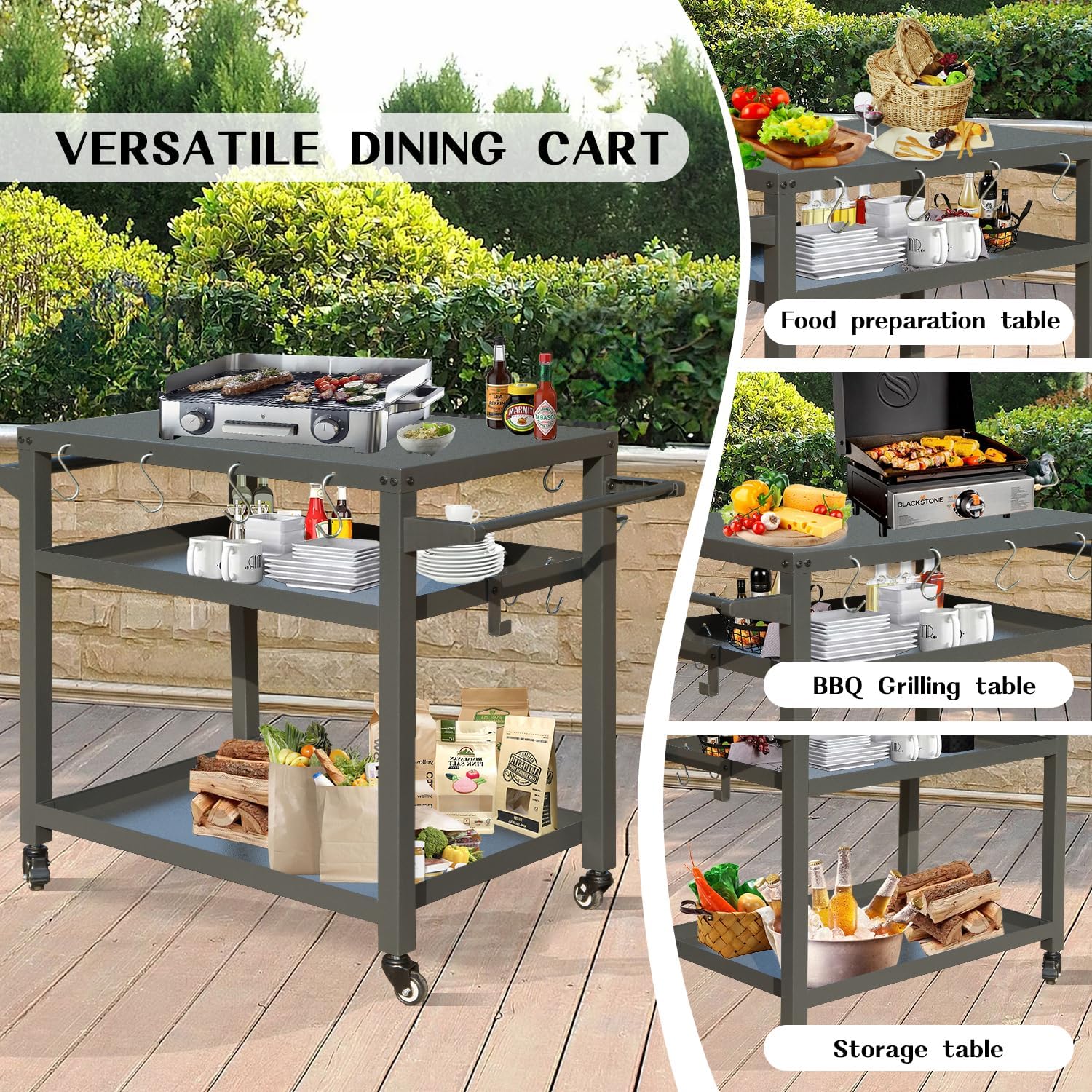 Domi 3-Tier Outdoor BBQ Grill Cart with Lockable Wheels | Portable Pizza Oven Stand & Food Prep Station | Blackstone Griddle with Stainless Steel Tabletop All-Weather Patio Cooking Center