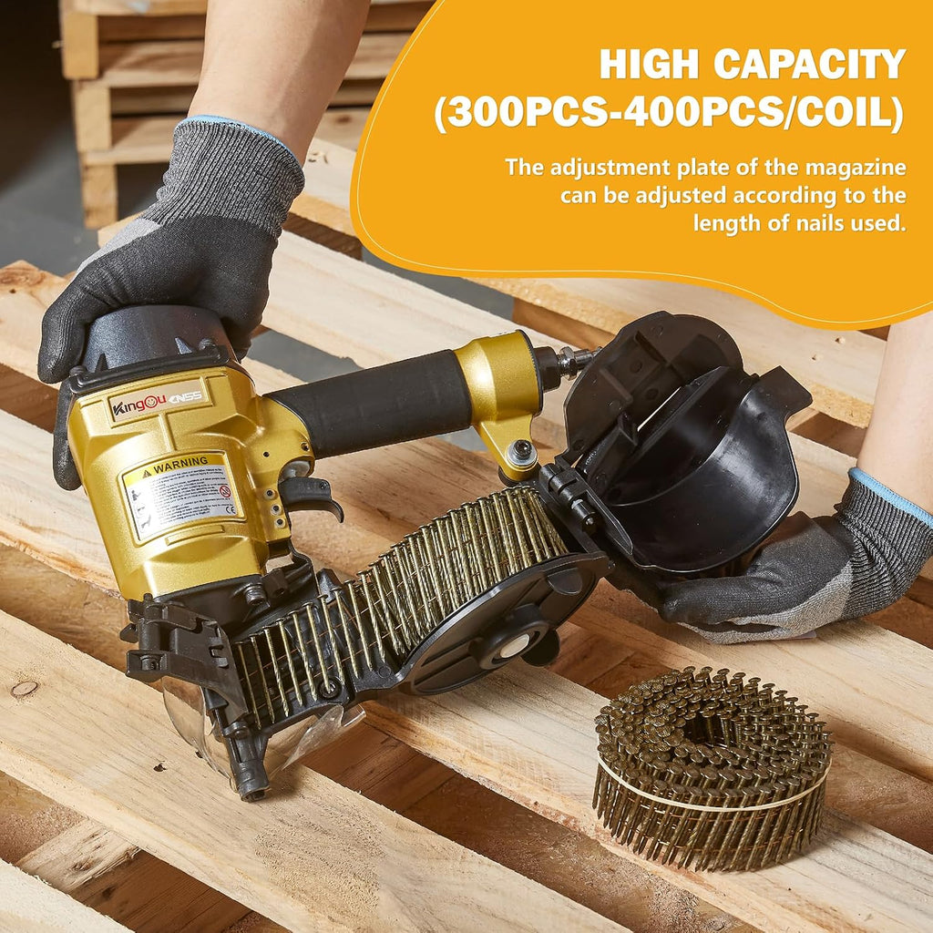 Kingou CN55 Coil Siding Nailer Gun For Wooden Pallet Accepts 1 Inch To 2-1/4-Inch Nails With 1/4 NPT Air Connector 300-400pcs Load Capacity Coil Nailer Coil Nail Gun For Wooden Box Packing