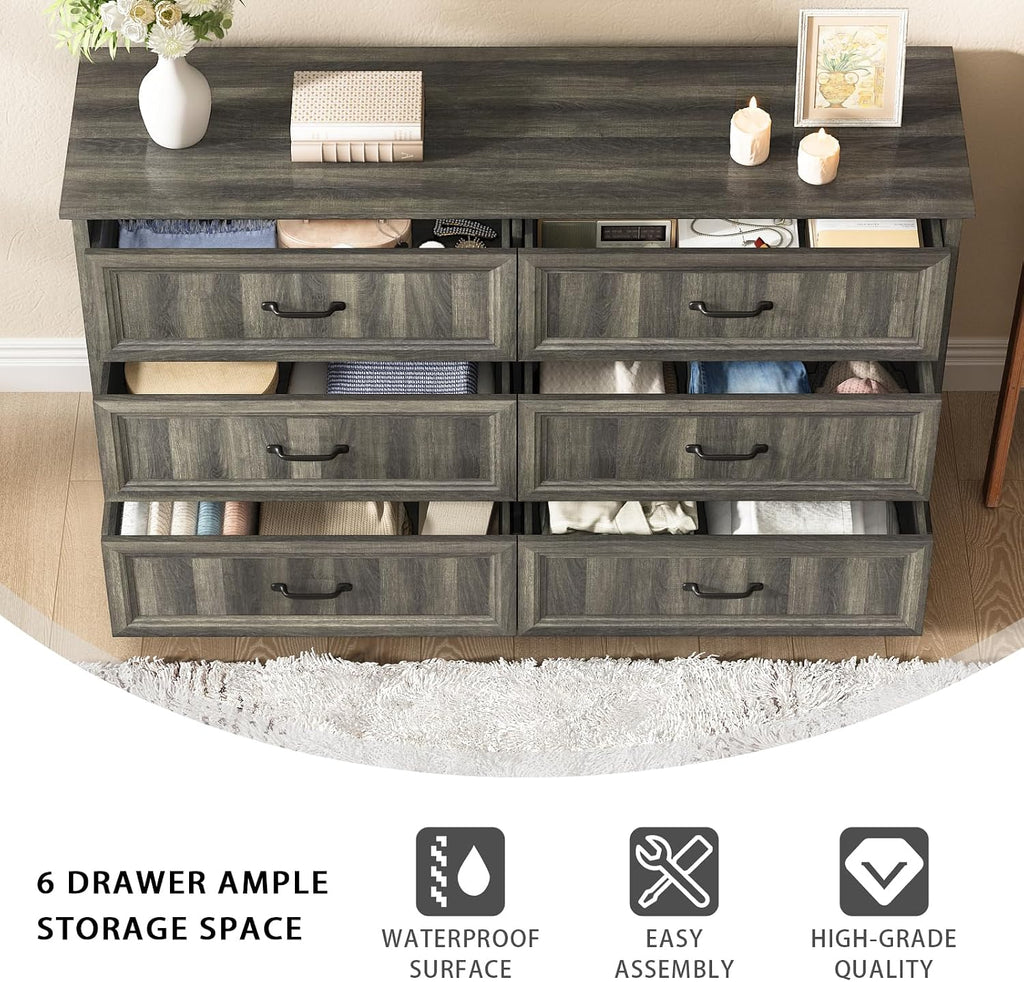 CARPETNAL Farmhouse Dresser and Nightstand Sets for Bedroom, 3 Pcs Bedroom Set, 6 Drawer Dresser & Nightstand Set of 2, Modern Wood Chest of Drawers for Bedroom, Living Room, Entryway, Grey