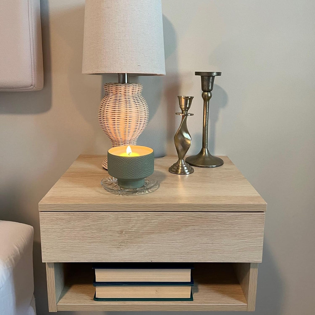 Nathan James Jackson Wall Mounted Floating Bedroom Nightstand with Storage Drawer and Modern Open Shelf Cubby Set of 2, Light Oak Wood