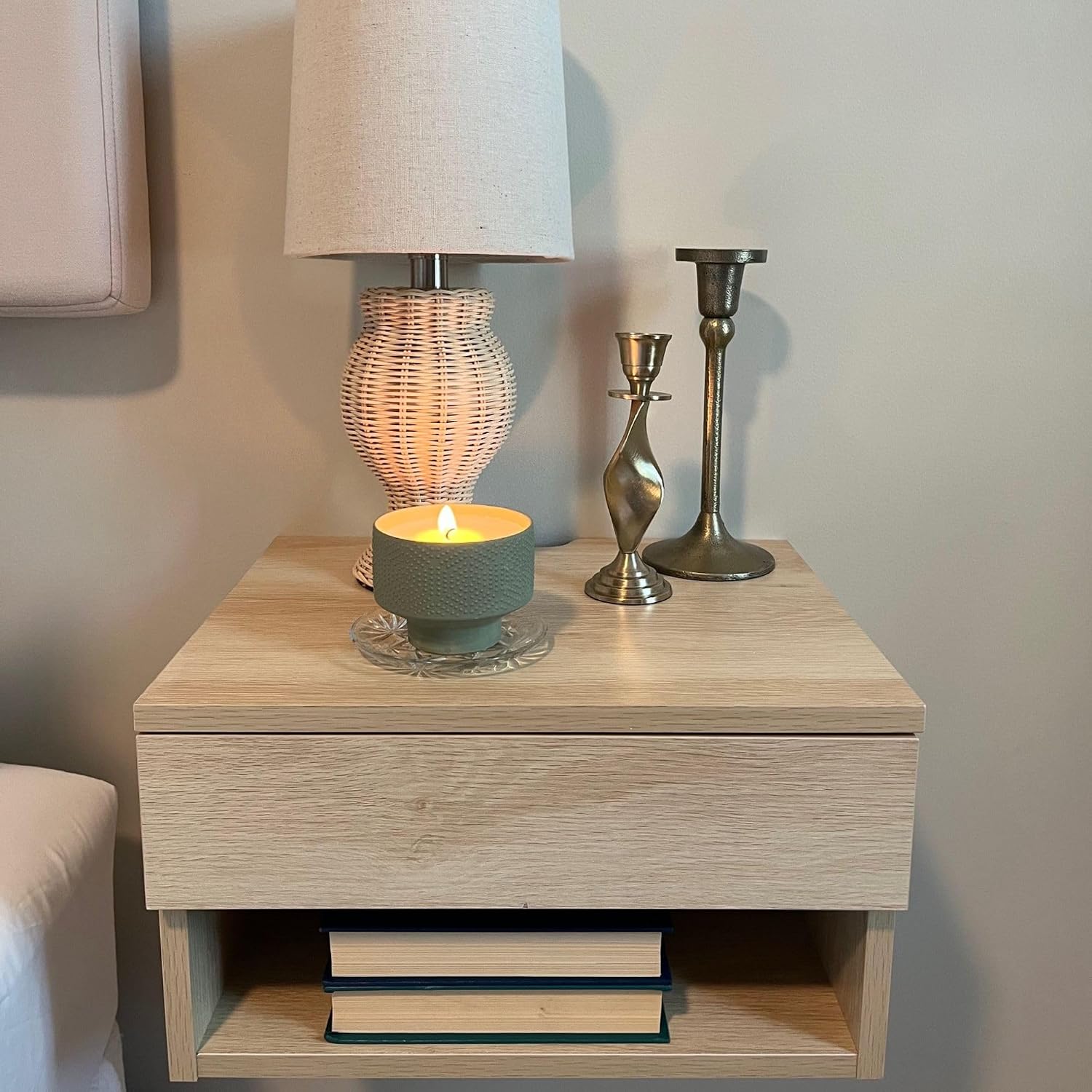 Nathan James Jackson Wall Mounted Floating Bedroom Nightstand with Storage Drawer and Modern Open Shelf Cubby Set of 2, Light Oak Wood