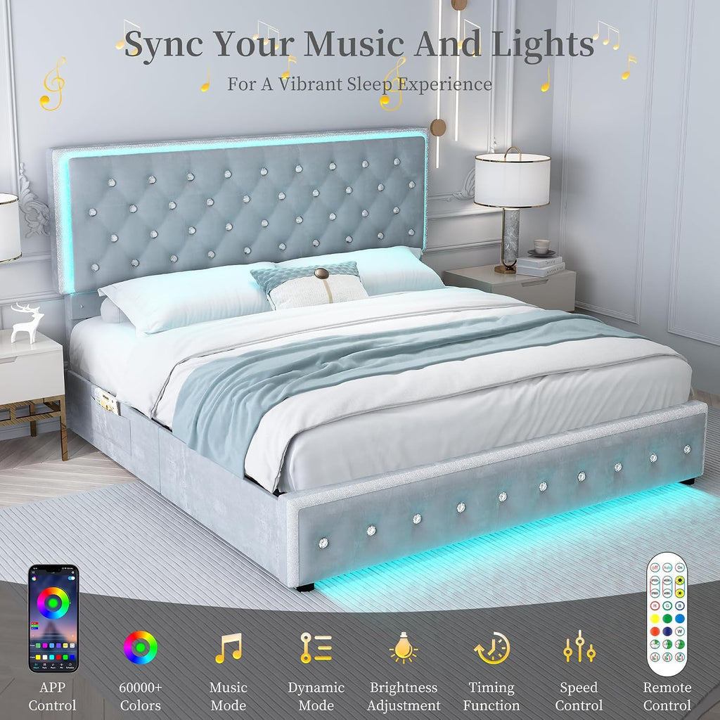 SIBEDS King Led Bed Frame with 2 Drawers, Upholstered Storage Platform Bed Frames with Crystal Button Tufted Headboard, Solid Slats Support, Noise Free, No Box Spring Needed, Velvet Grey