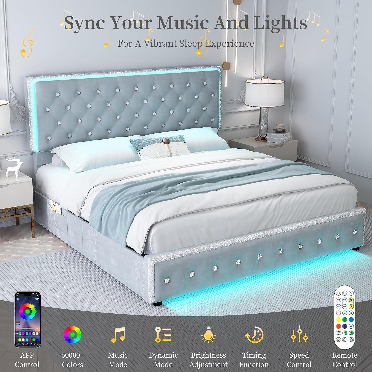 SIBEDS King Led Bed Frame with 2 Drawers, Upholstered Storage Platform Bed Frames with Crystal Button Tufted Headboard, Solid Slats Support, Noise Free, No Box Spring Needed, Velvet Grey
