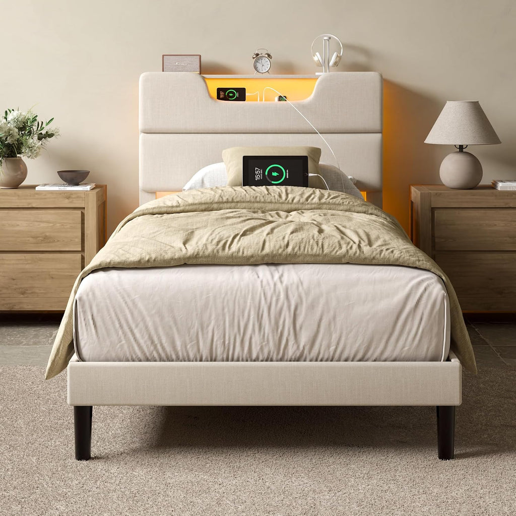 OURPIC Twin Bed Frames for Kids, Twin Size Bed Frames with Upholstered Headboard, Modern Platform Bed with Charging Station and Led Lights, Sturdy Wooden Slats