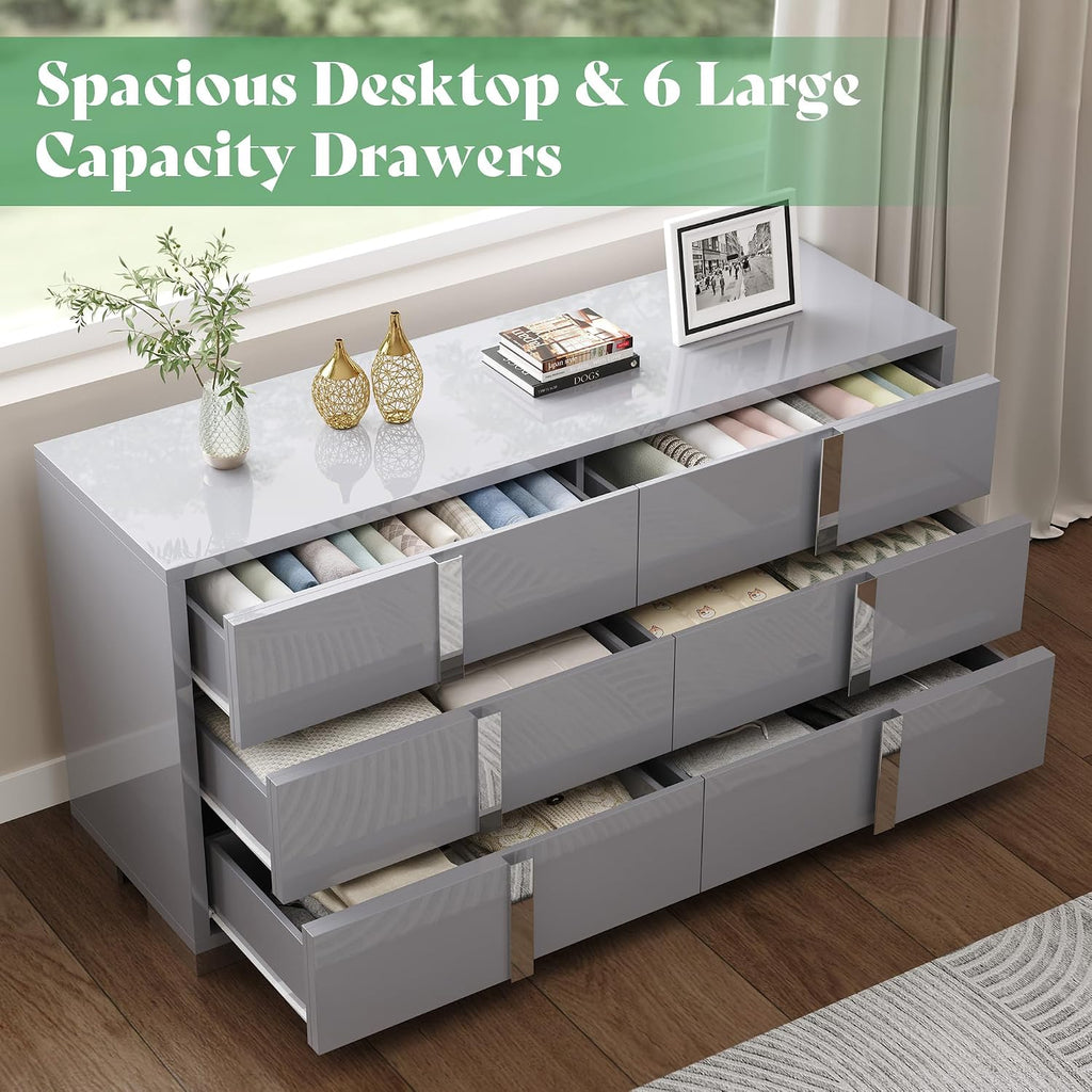 AMERLIFE 3 Piece Bedroom Set, Two 23.6' Nightstands & 6-Drawer Dresser, Silent Glide Drawers & Metal Handles, Modern High Gloss UV Finish, Dresser Set for Bedroom, Grey