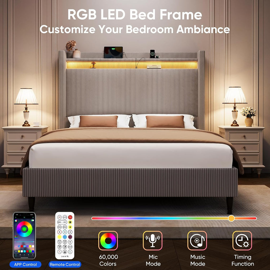 Queen Bed Frame with Tall Headboard, 55.3' Upholstered Platform Bed with LED Lights & Charging Station, Elegant Corduroy Bedframe, 2-tier Storage Wingback Headboard, No Box Spring Needed, Gray Brown