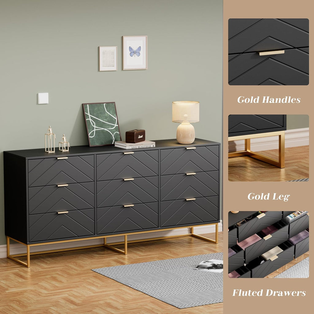 Anbuy Morden 9 Drawer Dresser and Nightstand Sets for Bedroom, 3 Pieces Bedroom Sets Night Stand Set of 2 & 9 Drawer Dresser with Gold Handles, Wood Chest of Drawers Storage Cabinet Set, Green Black