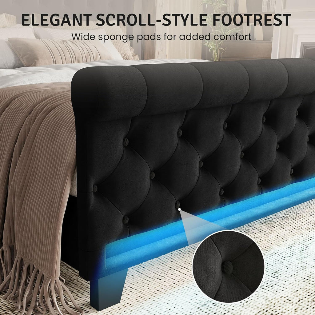 Belffin Queen Size Bed Frame with Headboard,50' Tall Headboard Upholstered Velvet Platform Bed with LED Lights & 2 USB Port/1 Type C Port, Button Tufted, No Box Spring Needed,Noise Free,Black