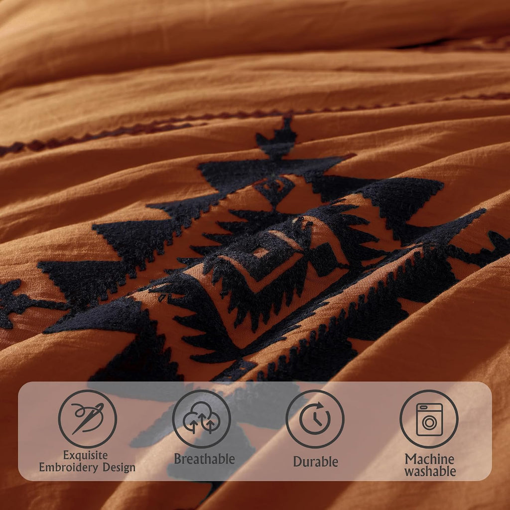 MaiRêve Super King Plus Comforter Set Burnt Orange, Embroidery Western Boho Bedding Set 7 Pieces, All Season Farmhouse Bed in A Bag Comforter Set with Sheets, Pillowcases & Shams