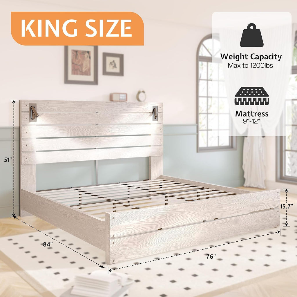 Jocisland King Size Farmhouse Bed Frame with 51' Barn Door Headboard, LED Reading Lights, Platform Bed Frame with Wood Slats, Under Bed Storage Space, Noisy Free, Easy Assembly, Ash White