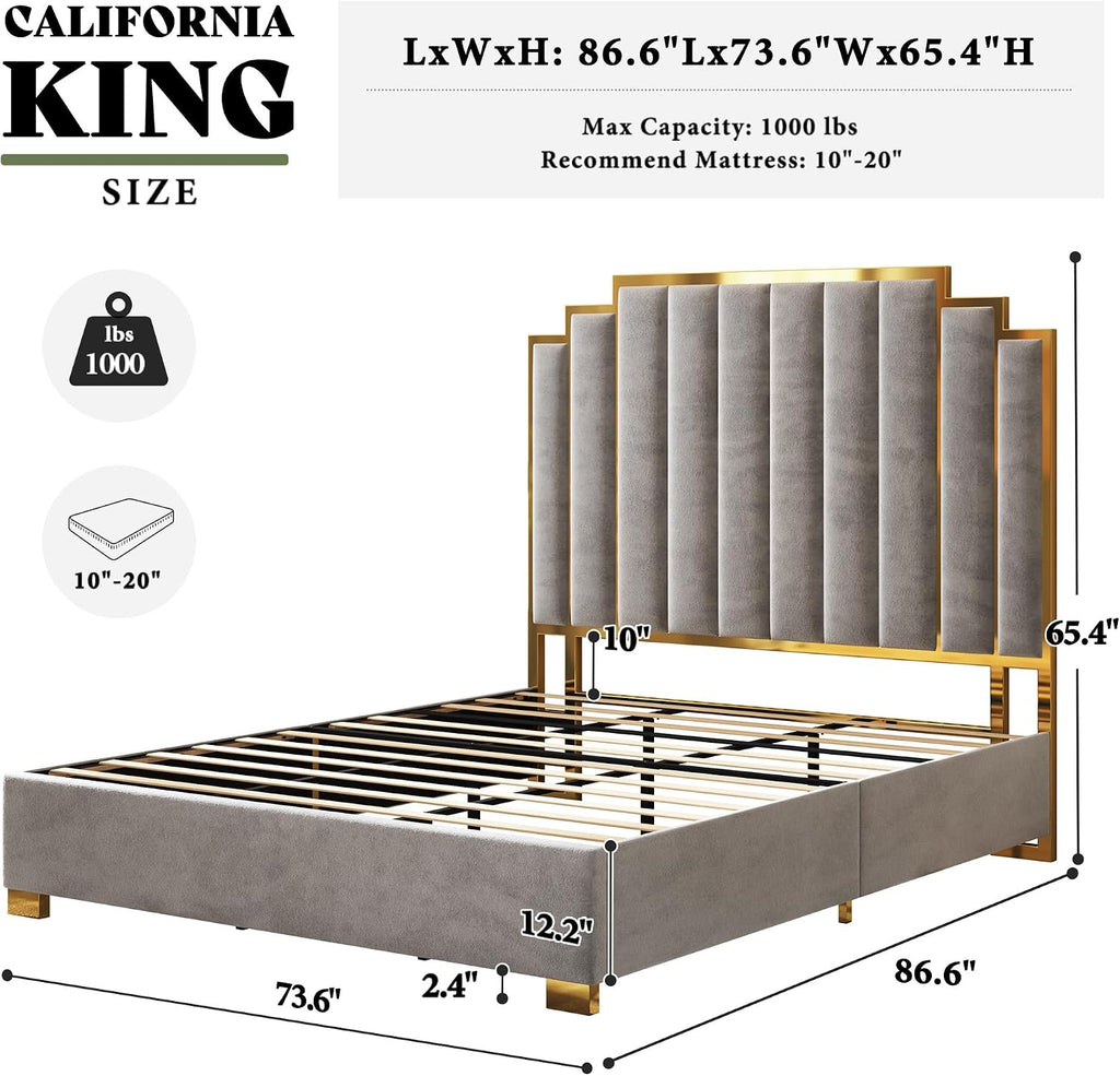AMERLIFE California King Size Upholstered Bed, Modern Velvet Bed Frame with 65.4' Tall Gold Trim Headboard, No Box Spring Needed, Grey