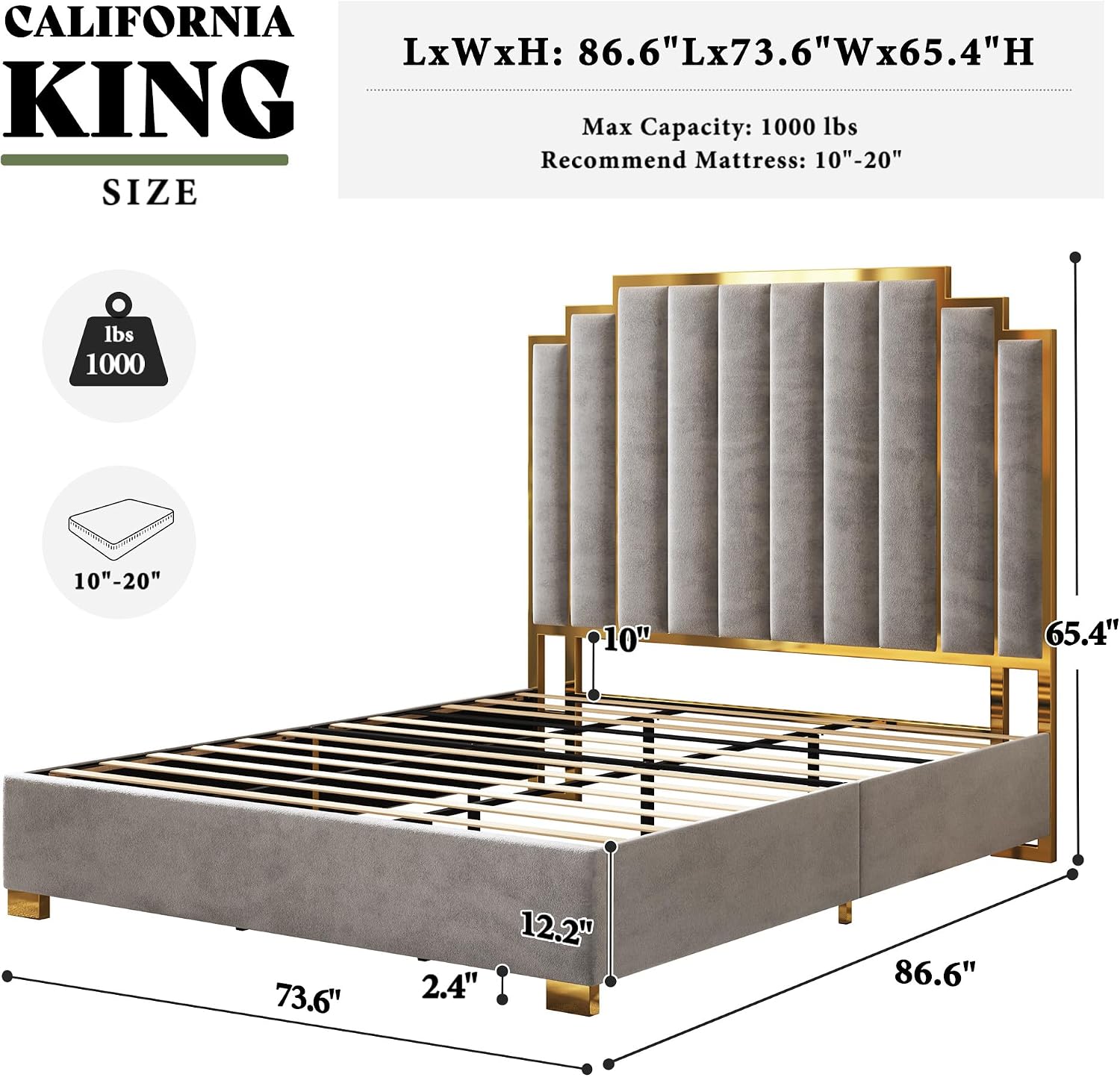 AMERLIFE California King Size Upholstered Bed, Modern Velvet Bed Frame with 65.4' Tall Gold Trim Headboard, No Box Spring Needed, Grey