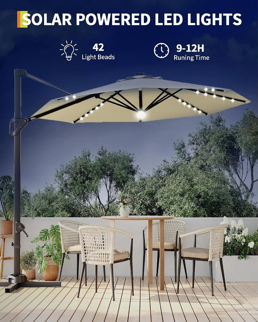 Takywep 10ft Cantilever Patio Umbrella, Outdoor Umbrella 360-degree Rotation, Solar-powered LED lights, Easy-Tilt Mechanism, for Decks, Poolside and Backyard Relaxation