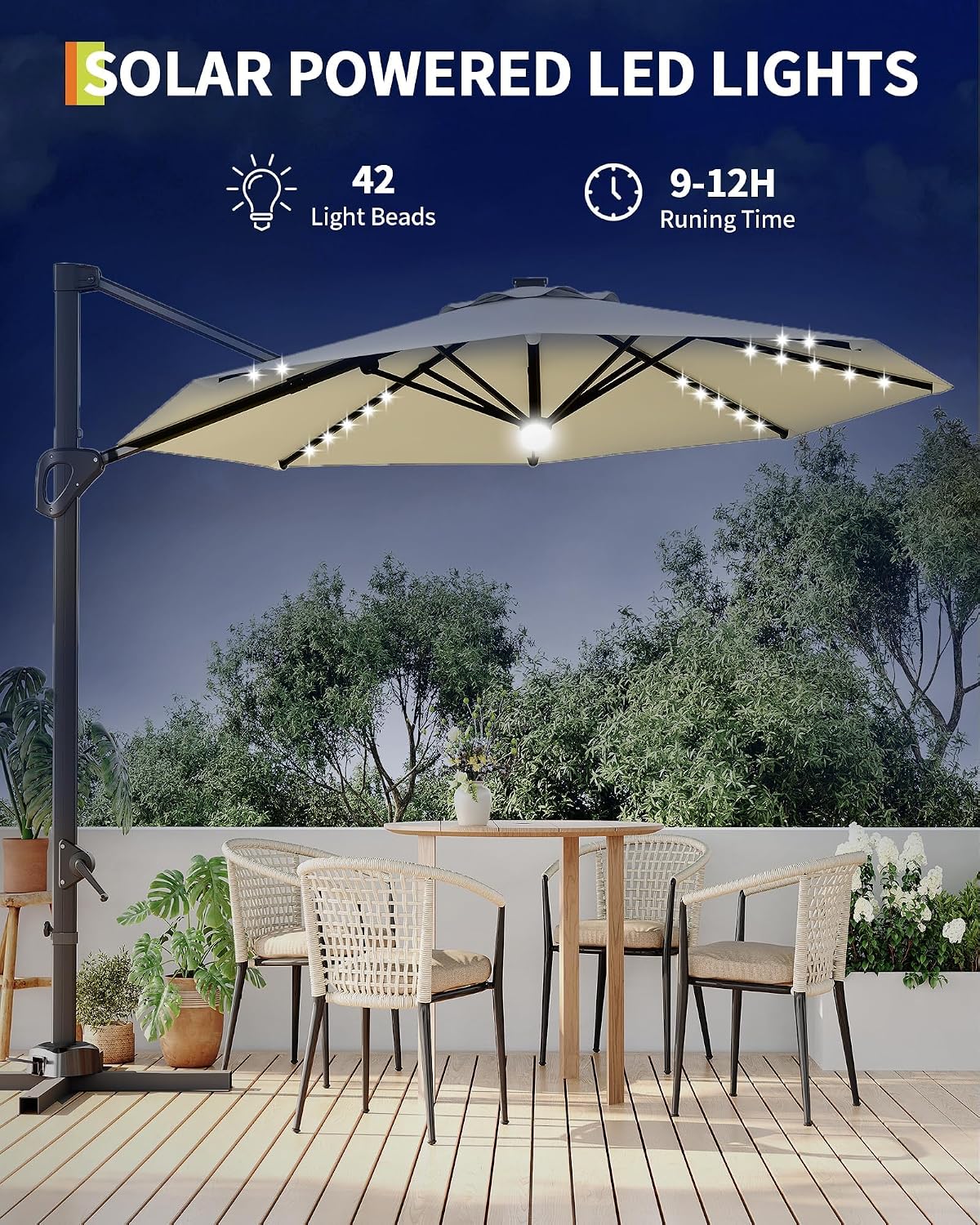 Takywep 10ft Cantilever Patio Umbrella, Outdoor Umbrella 360-degree Rotation, Solar-powered LED lights, Easy-Tilt Mechanism, for Decks, Poolside and Backyard Relaxation