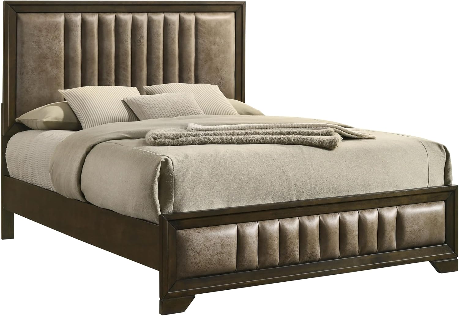 Kings Brand Furniture 6-Piece Modern & Premium Bedroom Set in Walnut Wood Finish - Bed Frame with Upholstered Headboard, Dresser, Mirror, Chest and 2 Nightstands (Queen)