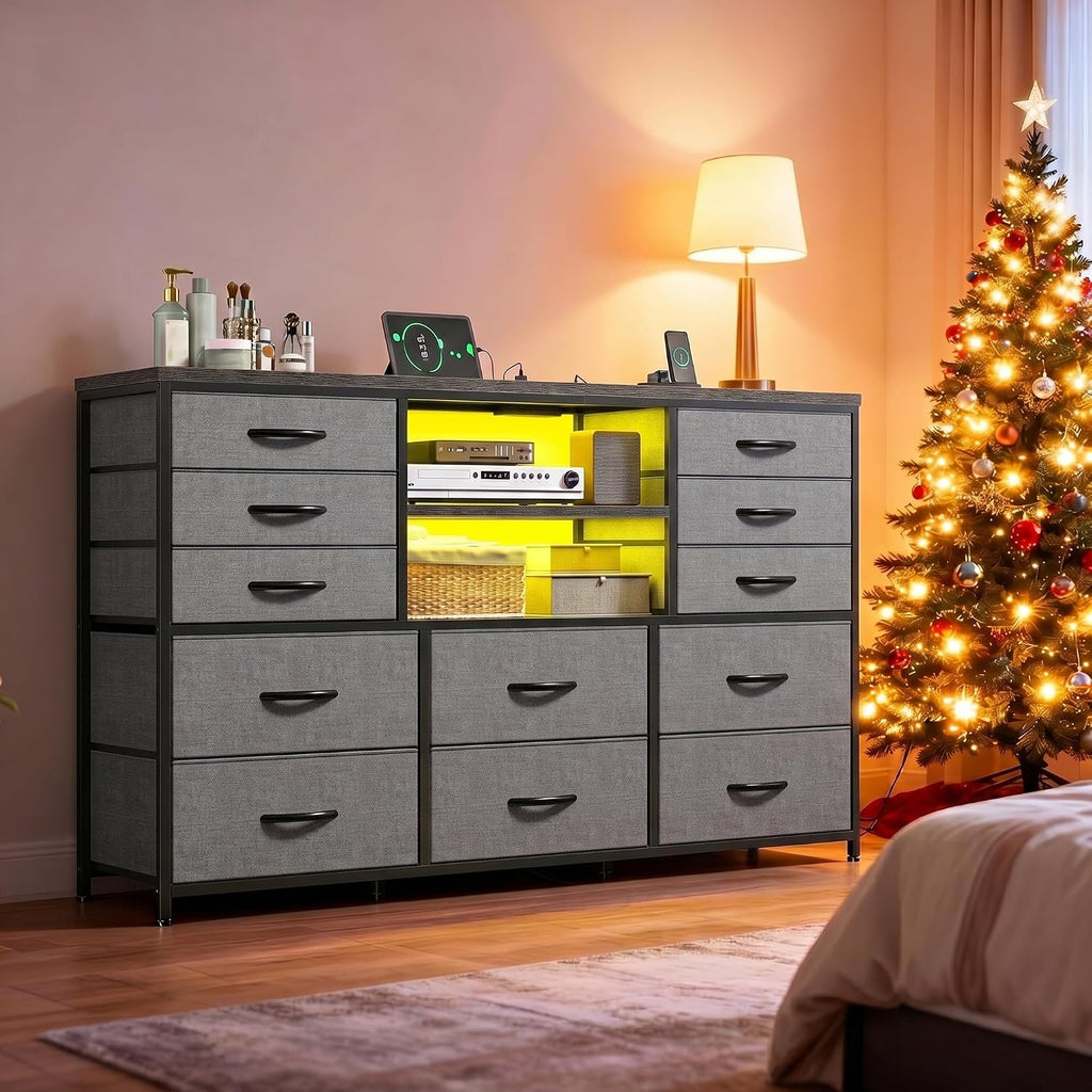EnHomee 12 Drawers Dresser for Bedroom with LED Lights & Charging Station, TV Stands for 55/60'' TV, Fabric Dressers & Chests of Drawers with 3 Wooden Shelves for Hallway,Sturdy,Grey