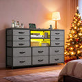 EnHomee 12 Drawers Dresser for Bedroom with LED Lights & Charging Station, TV Stands for 55/60'' TV, Fabric Dressers & Chests of Drawers with 3 Wooden Shelves for Hallway,Sturdy,Grey