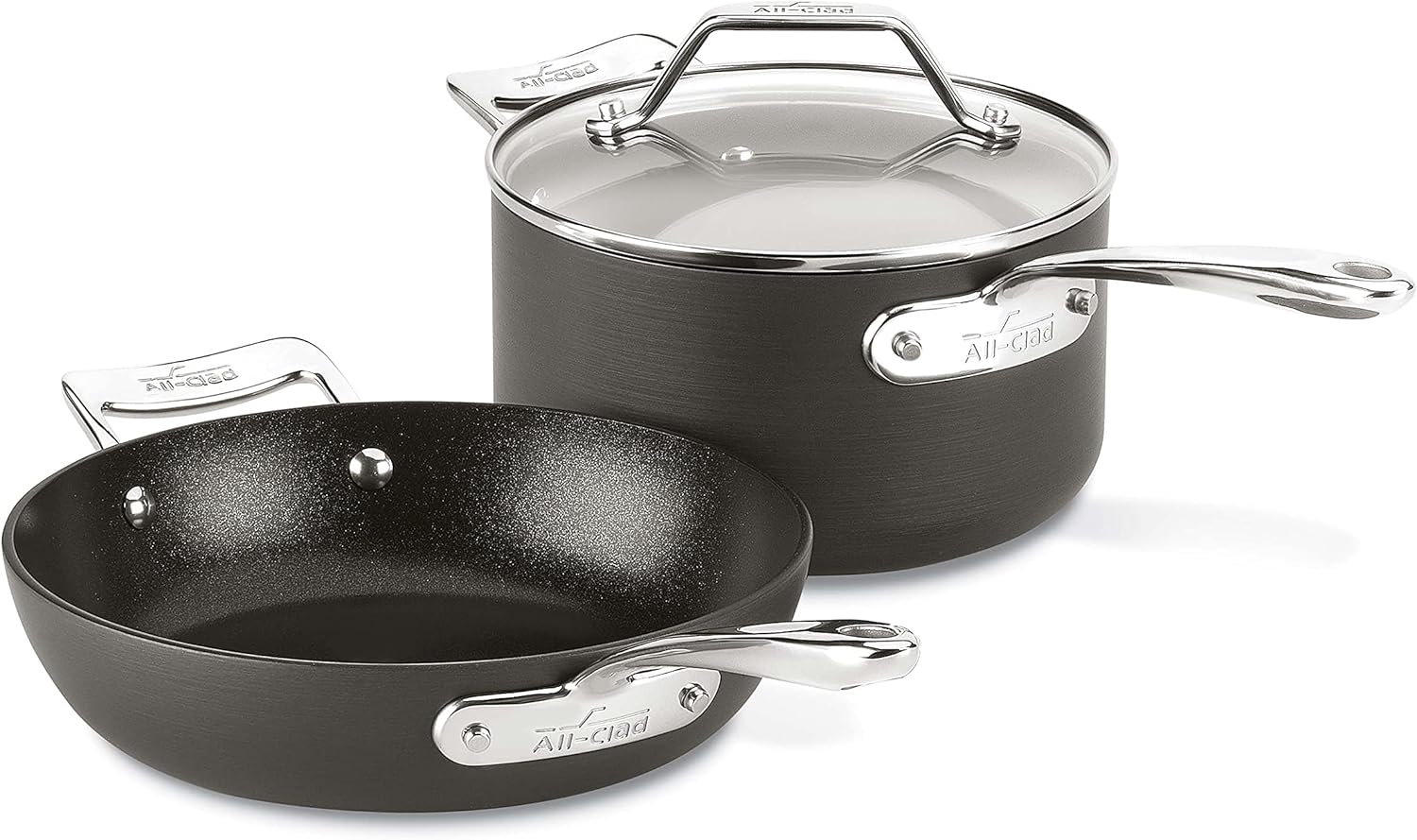 All-Clad Essentials Hard Anodized Nonstick Fry & Sauce Pan Set 8.5 Inch , 2.5 Quart Oven Broiler Safe 500F Pots and Pans, Cookware Black