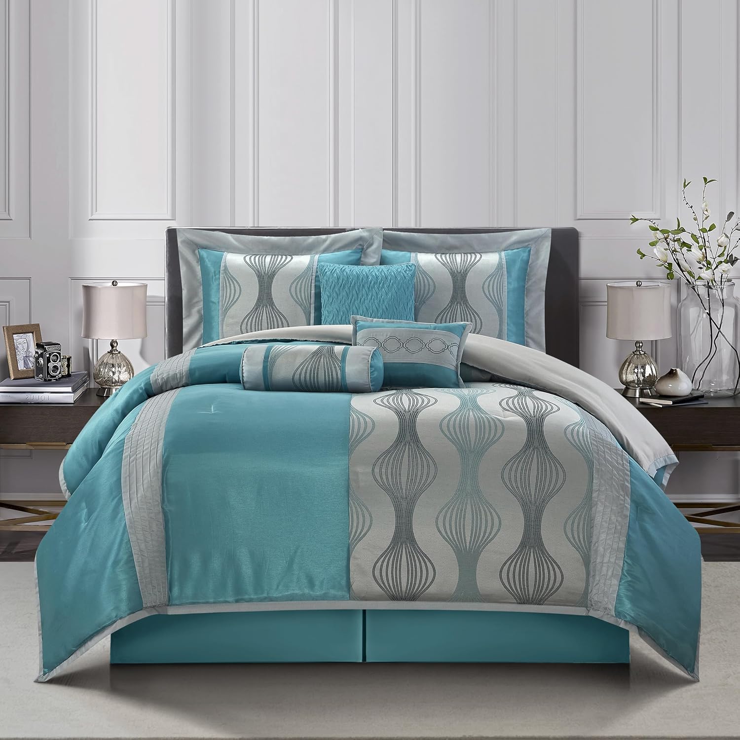 Stratford Park 7 Piece Blue Comforter Set, King Size Jacquard Bedding Set, All Season Geometric Patchwork Bedding Set, Matching Pillows, Shams, Bed Skirt