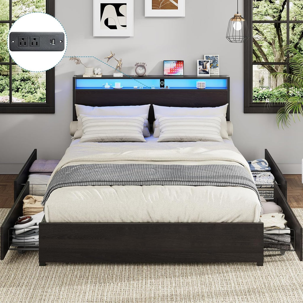 Kiivakii Full Size Bed Frame with Headboard, LED Platform Bed with 4 Storage Drawers, Built in Charging Station, Noise-Free, Metal Support Base, No Box Spring Needed, Black
