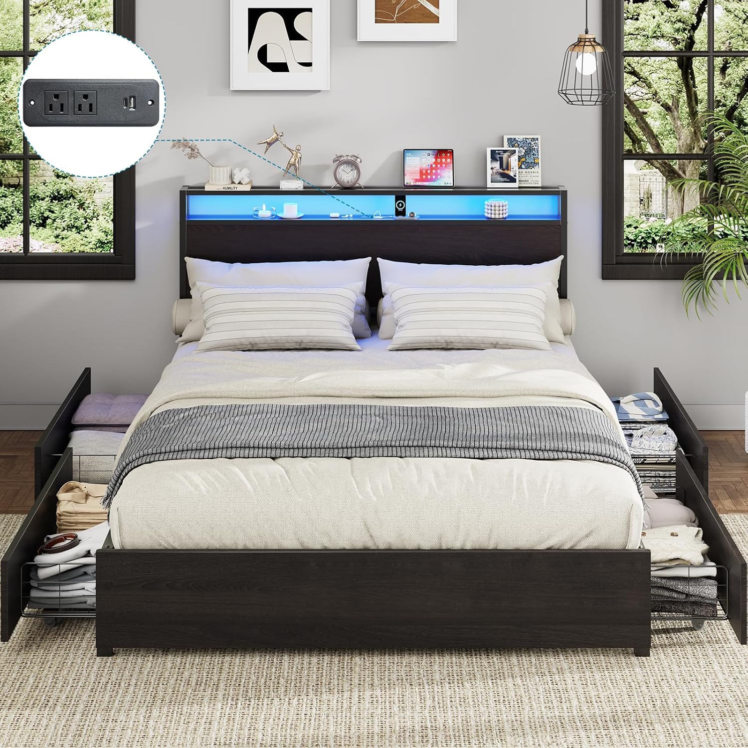 Kiivakii Full Size Bed Frame with Headboard, LED Platform Bed with 4 Storage Drawers, Built in Charging Station, Noise-Free, Metal Support Base, No Box Spring Needed, Black