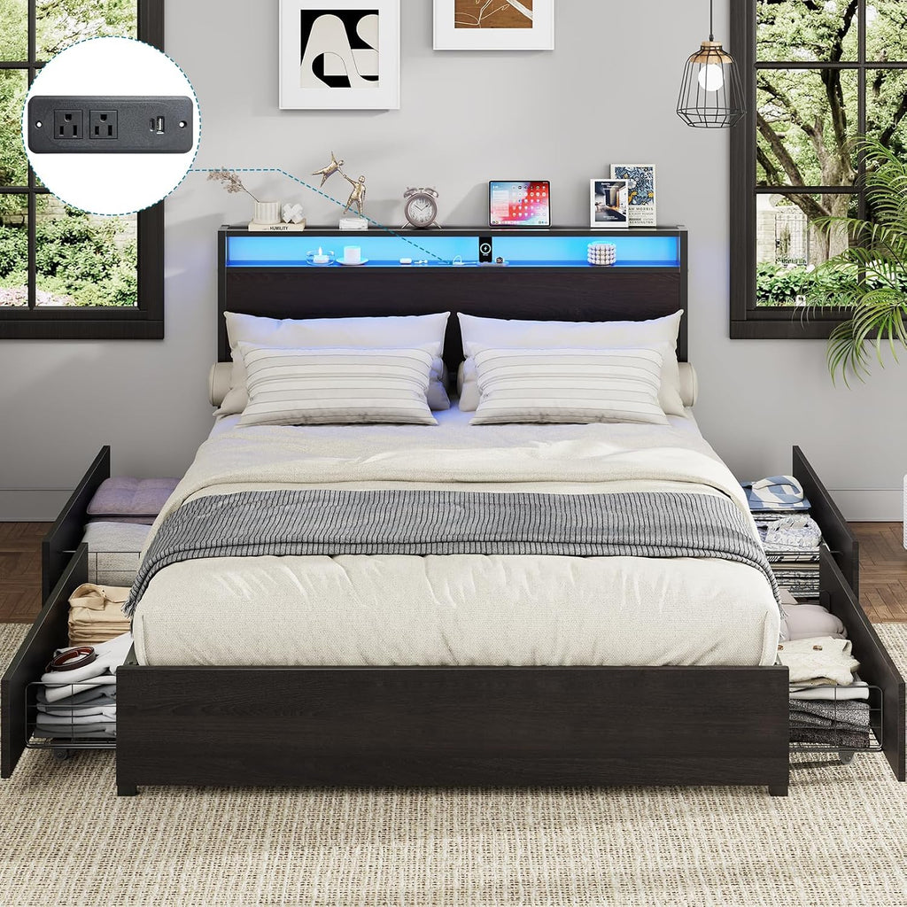 Kiivakii Full Size Bed Frame with Headboard, LED Platform Bed with 4 Storage Drawers, Built in Charging Station, Noise-Free, Metal Support Base, No Box Spring Needed, Black