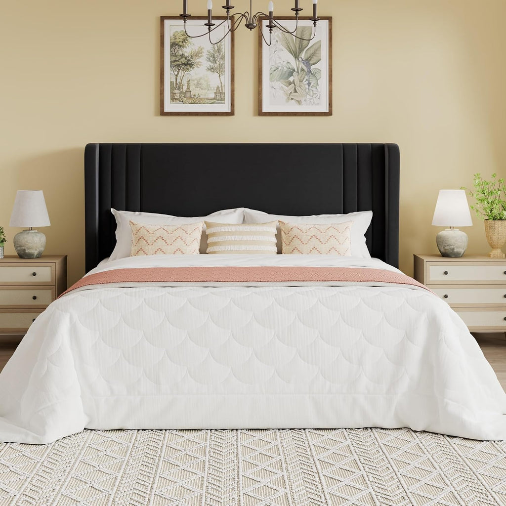 SHA CERLIN Queen Size Velvet Upholstered Platform Bed Frame with Vertical Channel Tufted Wingback Headboard, Wooden Slats Support, Easy Assembly, Under Bed Storage, No Box Spring Required, Black