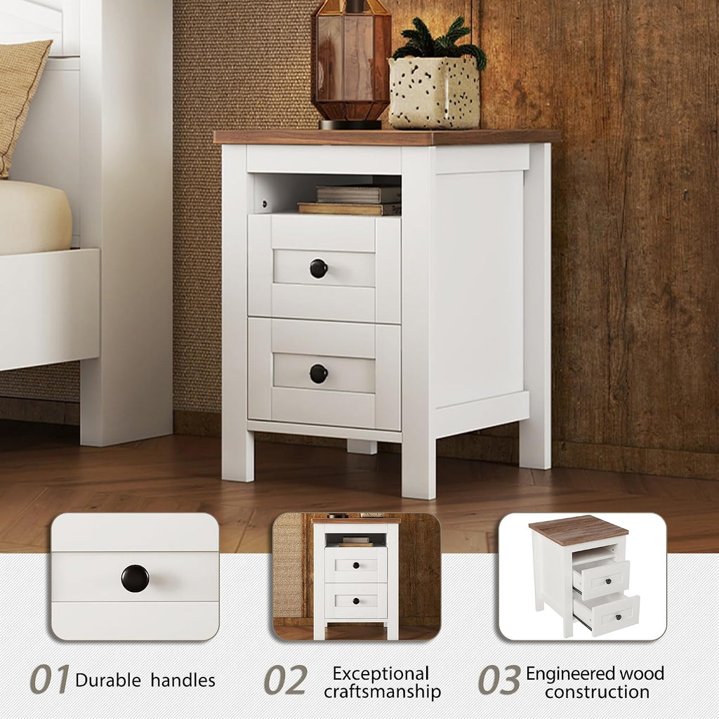 LUMISOL 3-Piece Full Size Bedroom Set, Rustic Wooden Platform Bed with Storage Headboard & Charging Stations, a Nightstand and Dresser, Full Size Farmhouse Bedroom Furniture Set, White