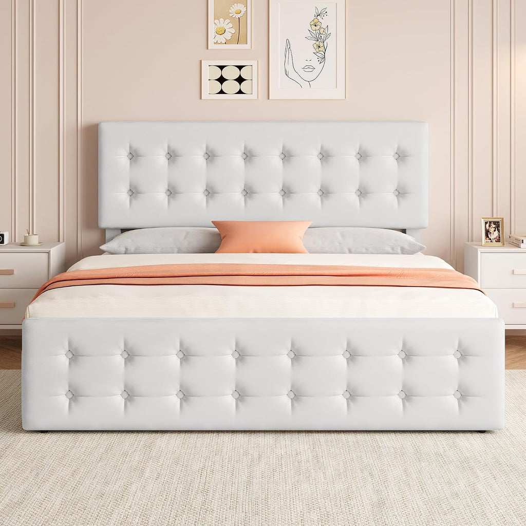 IDEALHOUSE King Size Bed Frame with 4 Storage Drawers and Headboard, Faux Leather Upholstered Platform Bed Frame with Wooden Slats Support, Button Tufted Design, No Box Spring Needed, White
