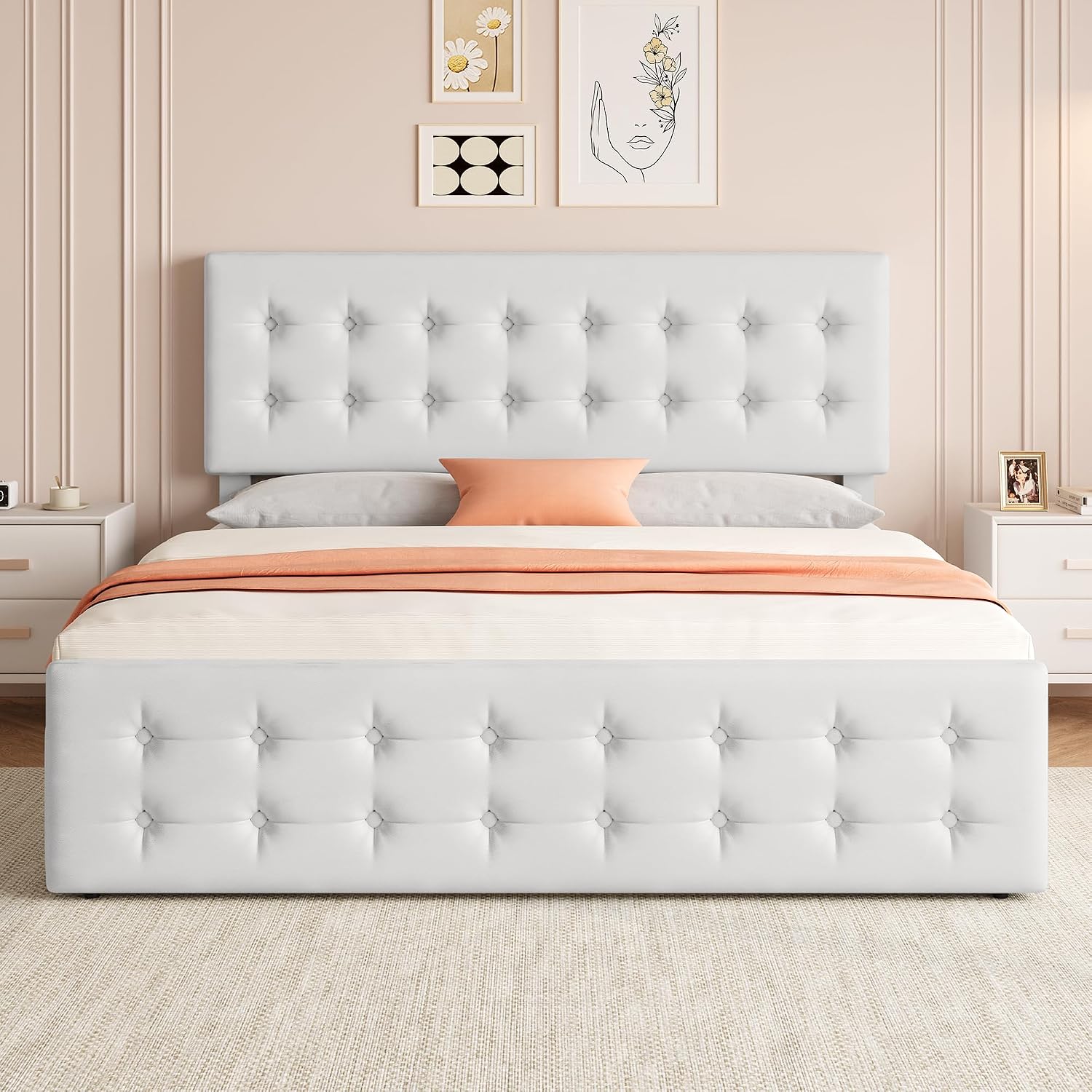IDEALHOUSE King Size Bed Frame with 4 Storage Drawers and Headboard, Faux Leather Upholstered Platform Bed Frame with Wooden Slats Support, Button Tufted Design, No Box Spring Needed, White