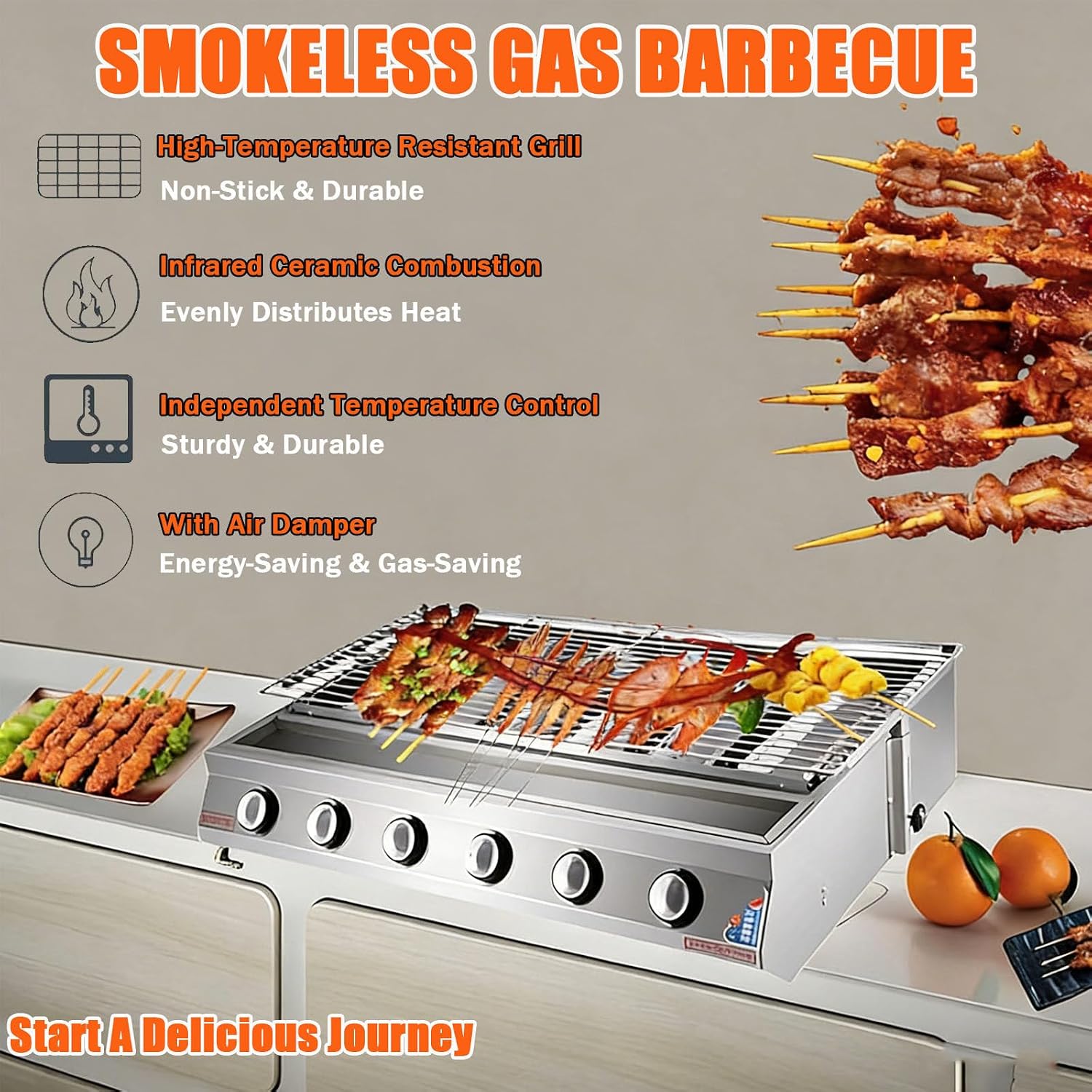 Tabletop Grill,LPG Gas BBQ Grill with 6/8 Burners, Portable Gas Barbecue Griddle,Removable Grids, Adjustable Height, for Indoor Kitchen Use for Parties, Backyard Gatherings B